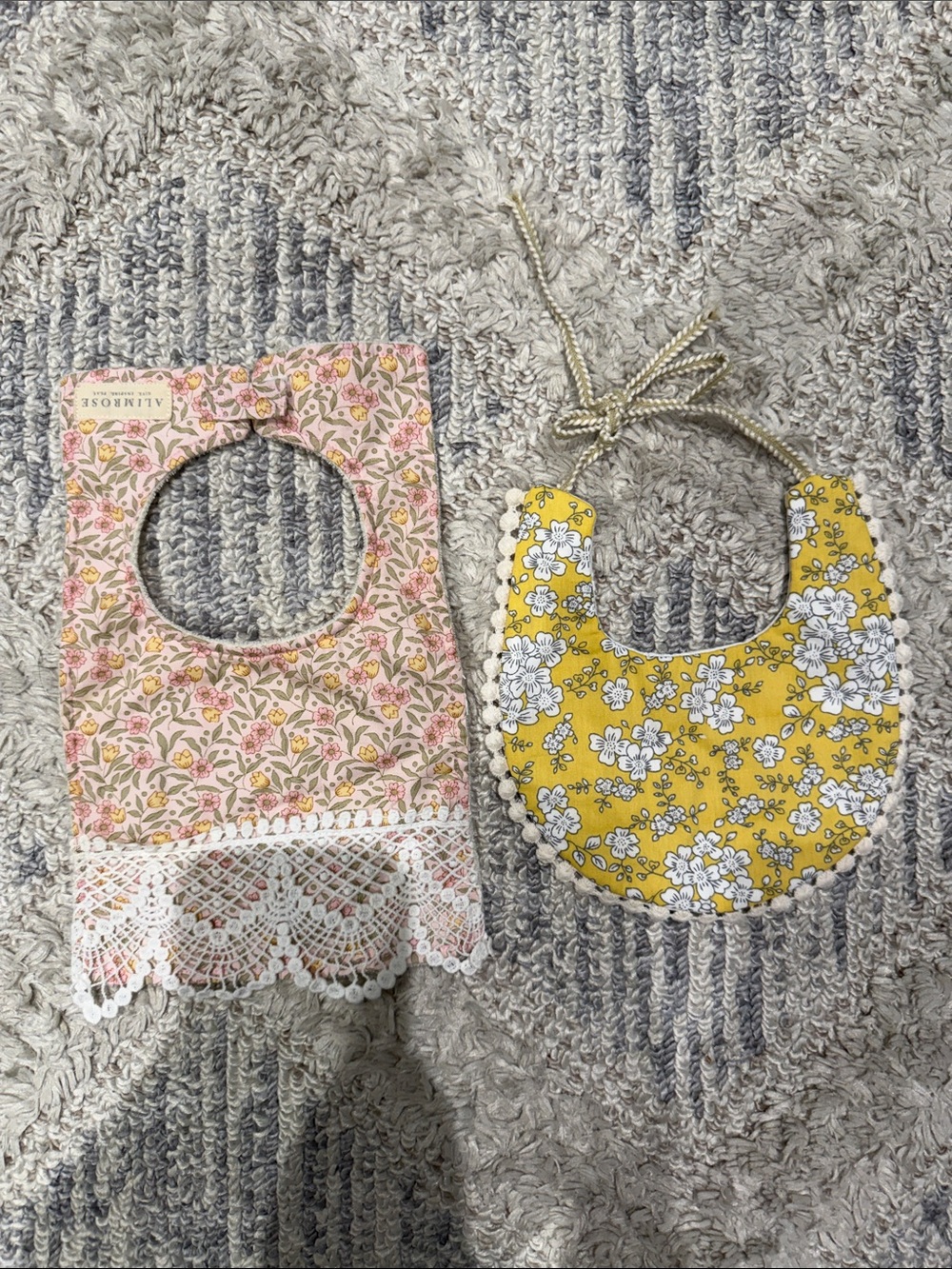 Yellow Floral Baby Bib with Adjustable Tie  and Pink floral bib with velcro